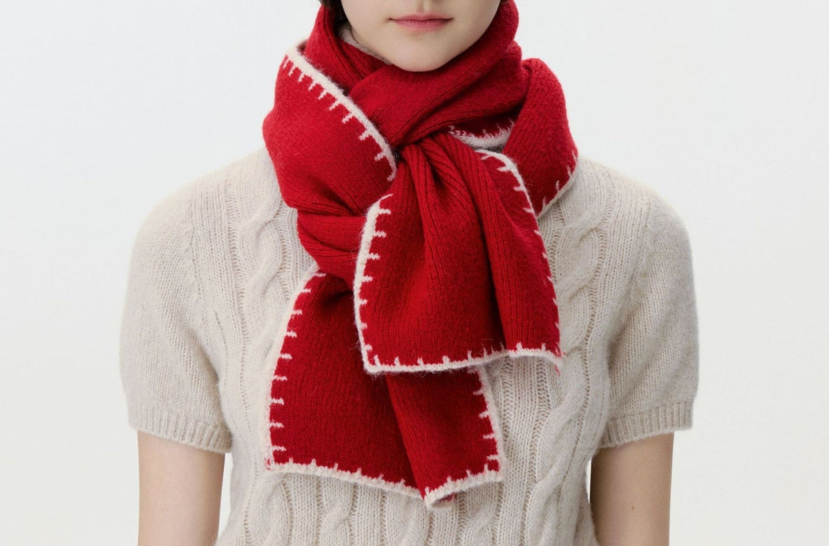Blanket Stitch Trim Knit Winter Scarf