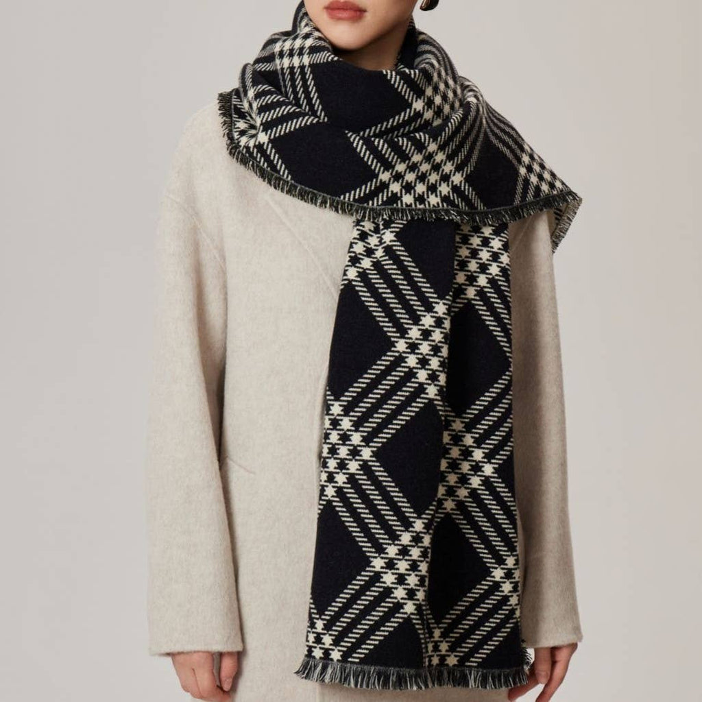 Oversized Check Blanket Scarf With Fringe