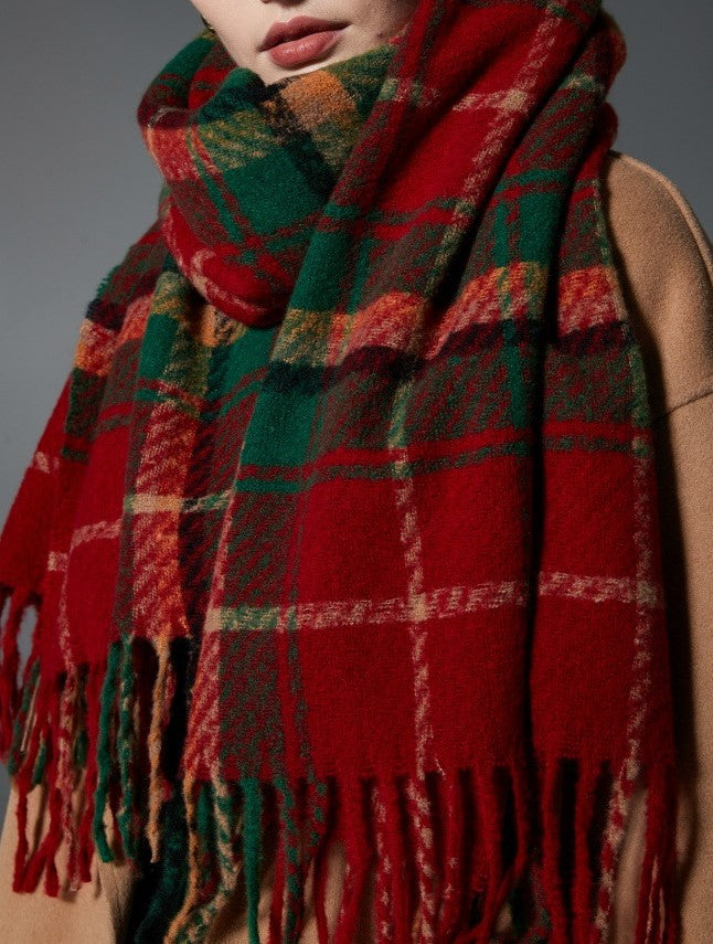 Red Tartan Fringed Blanket Scarf