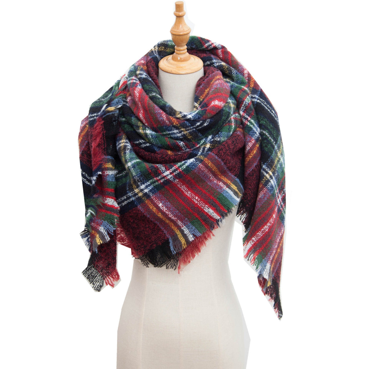 Checked Triangle Blanket Scarf With Frayed Trim