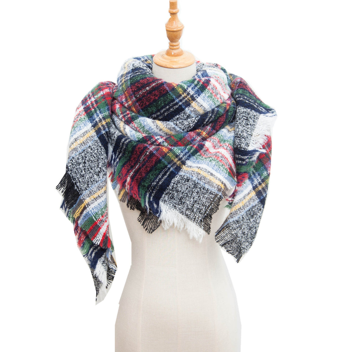 Checked Triangle Blanket Scarf With Frayed Trim