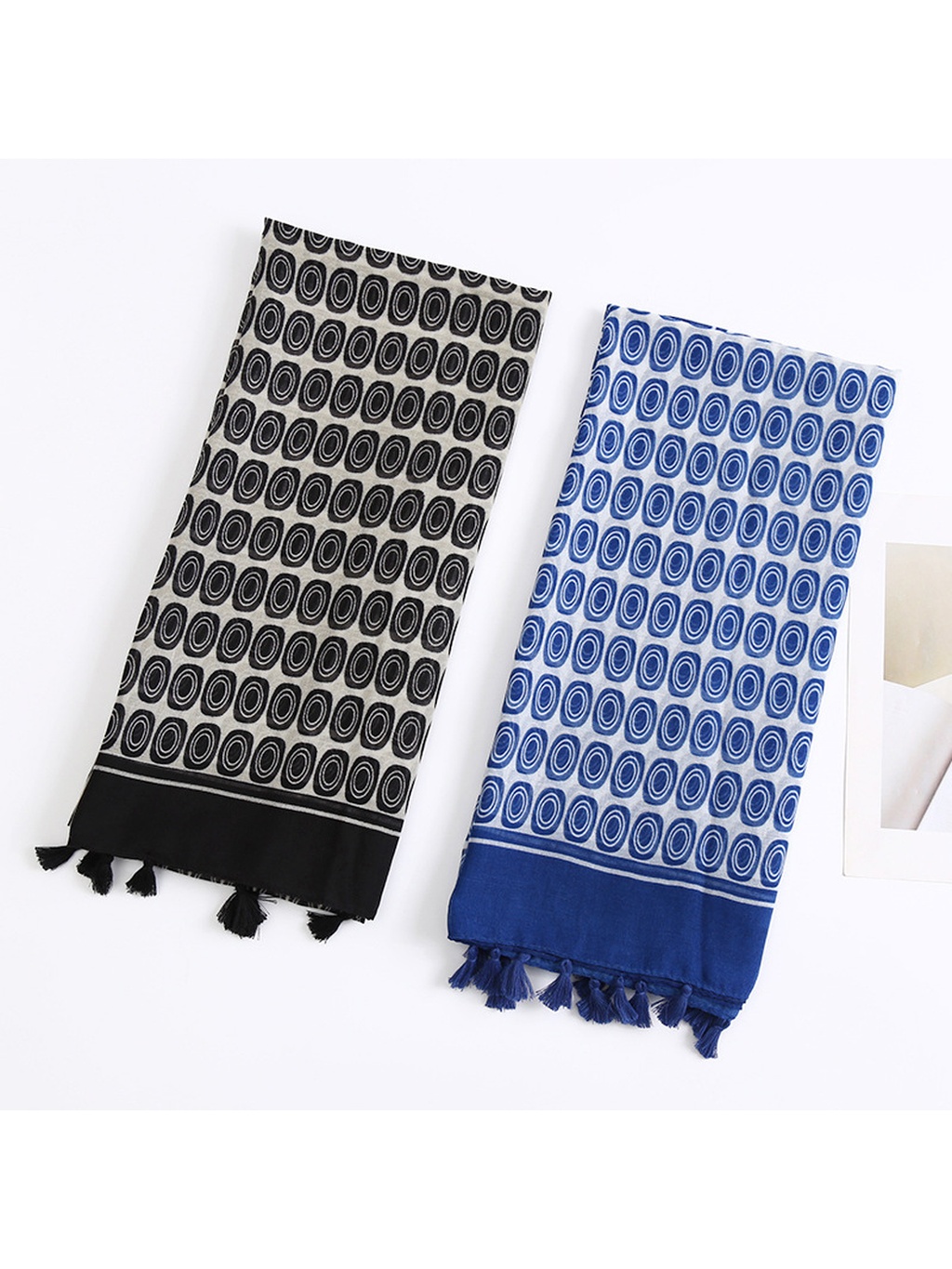 Scarvii - Geometric Oval Print Pattern Tassel Scarf